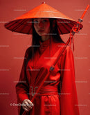 Elegant Woman in Red Dress with Accessories Against Red Background