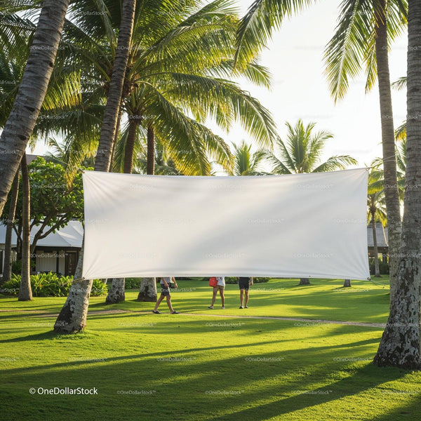 Blank white banner hanging between palm trees outdoors JPG Mockup Image