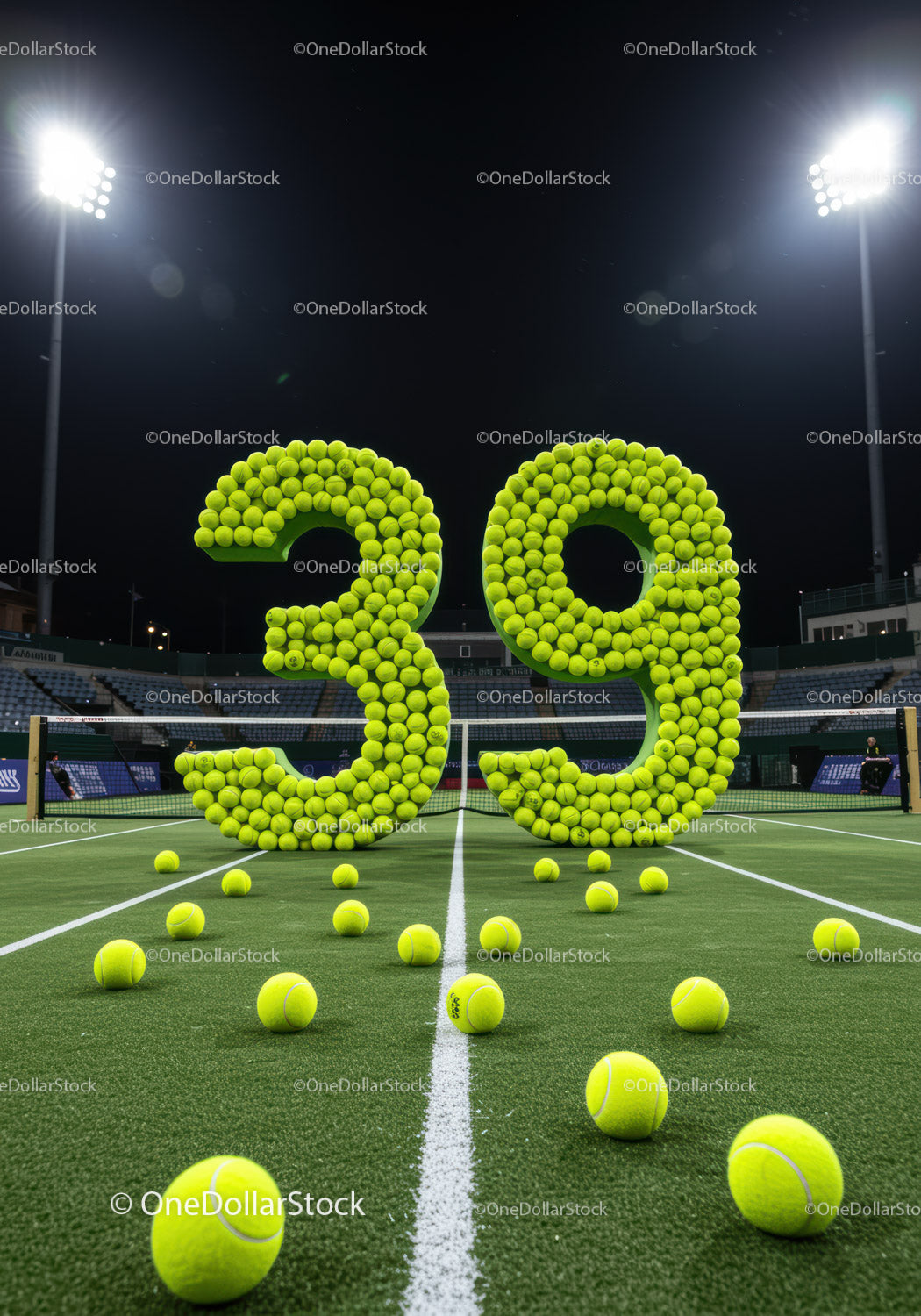 Numbers 39 made of tennis balls on night court