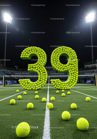 Numbers 39 made of tennis balls on night court