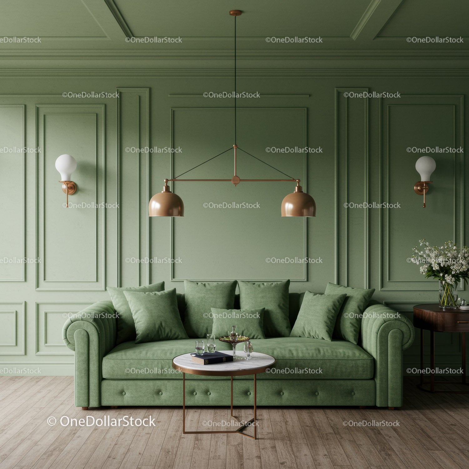 Elegancka zielona sofa w nowoczesnym salonie z mosiężnymi lampami wiszącymi