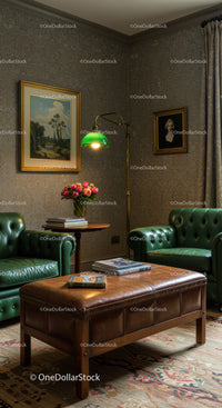 Cozy traditional living room with vintage green leather chairs