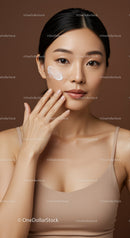 Beautiful Asian Woman Applying Skincare Cream on Face Studio Portrait