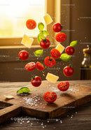Cherry tomatoes cheese and basil floating over wooden board