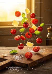Cherry tomatoes cheese and basil floating over wooden board
