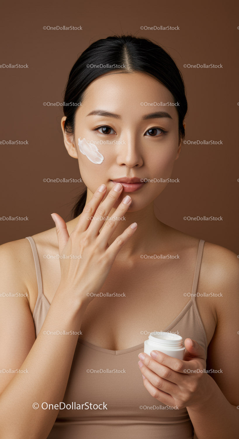 Young Asian Woman Applying Moisturizer for Skincare Routine