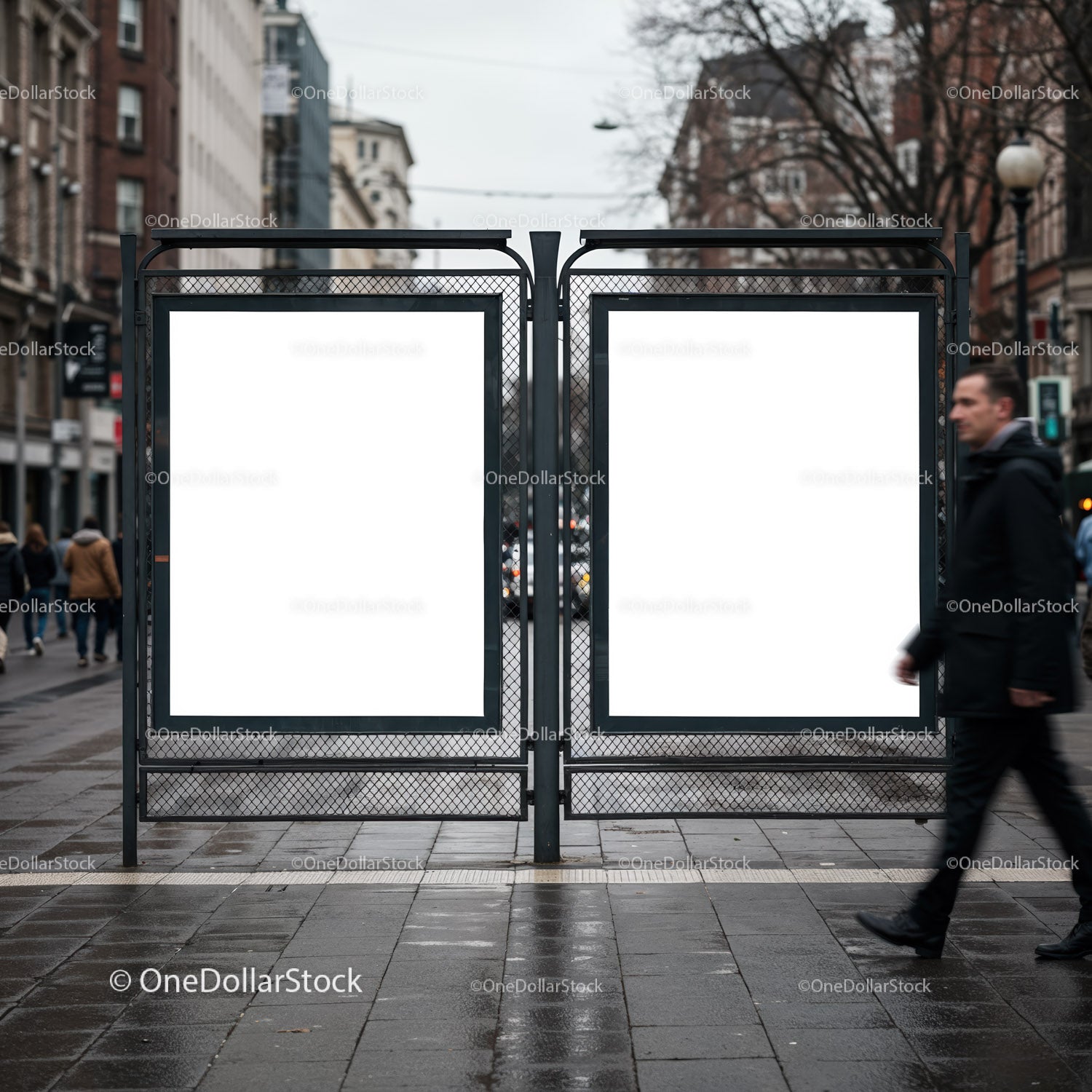 Blank Urban Advertising Boards by City Sidewalk