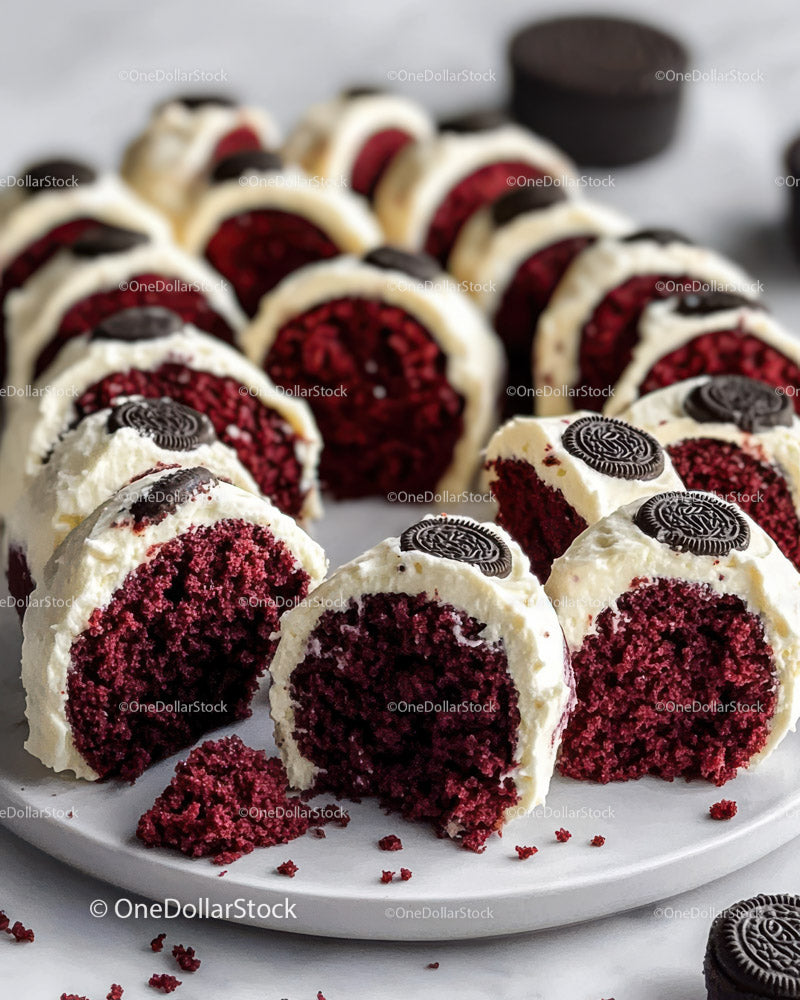 Kawałki ciasta Red Velvet z ciasteczkami Oreo i kremowym lukrem