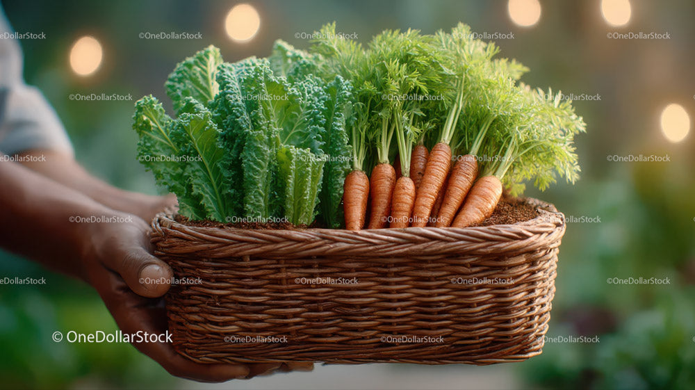 Fresh Organic Carrots and Green Leafy Vegetables in Wicker Basket