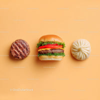 Gourmet Burger with Lettuce and Tomato Next to Grilled Steak and Dumpling