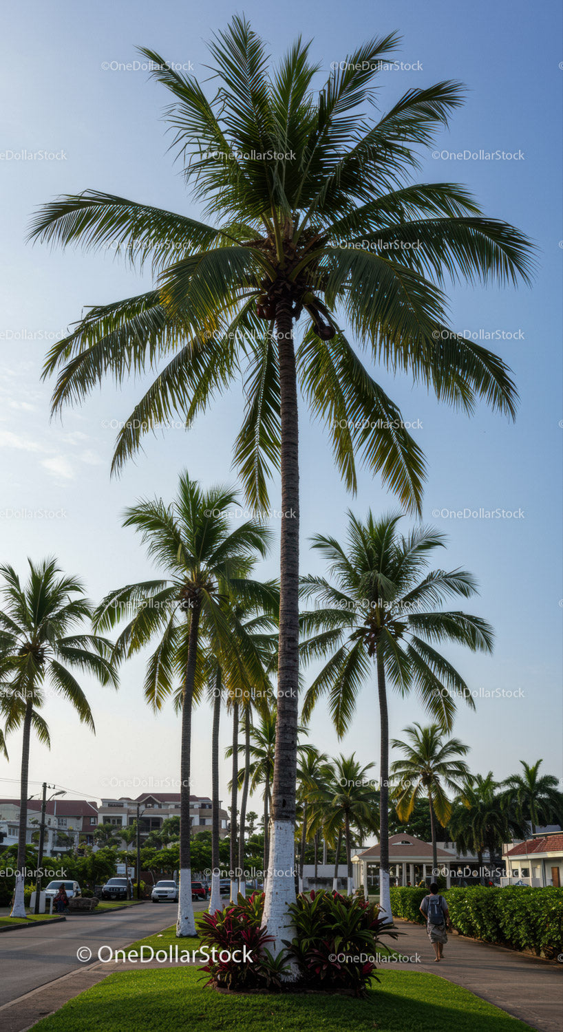 Tall Green Palm Trees in a Tropical Urban Park Scene