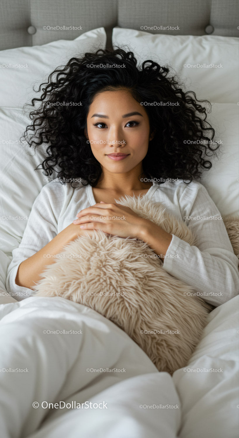Young woman relaxing in bed with cozy pillow