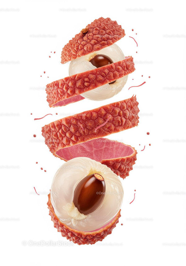 Exposed lychee fruit with glossy seed and vibrant peel