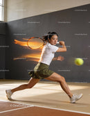Focused female tennis player lunging to return ball