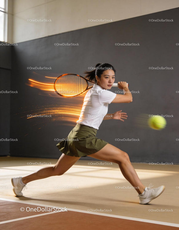 Focused female tennis player lunging to return ball