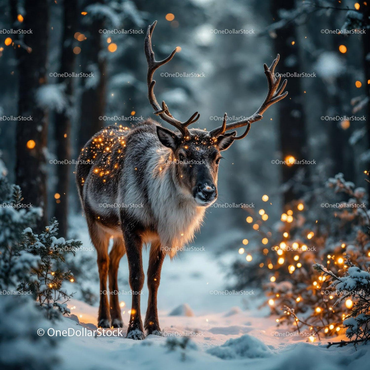 Majestic reindeer standing in snow with glowing lights
