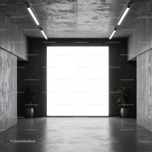 Minimalist concrete interior with large illuminated window JPG Mockup Image