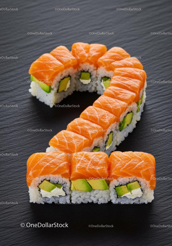 Fresh salmon sushi rolls arranged in question mark shape