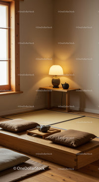 Minimalist Japanese Tea Room with Warm Ambient Lighting