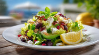 Fresh Vegetable Salad with Feta Lemon and Pomegranate in Bowl