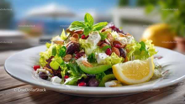Fresh Vegetable Salad with Feta Lemon and Pomegranate in Bowl