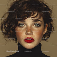 Close-up of Young Woman with Freckles and Curly Red Hair