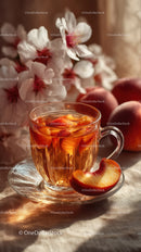 Fresh Peach Tea with Sliced Fruit and Cherry Blossom Background