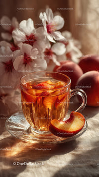 Fresh Peach Tea with Sliced Fruit and Cherry Blossom Background