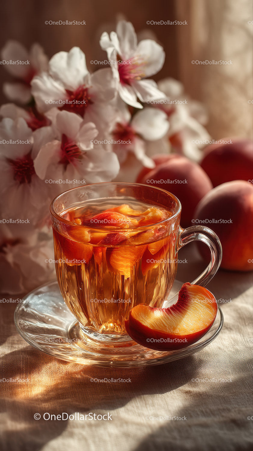Fresh Peach Tea with Sliced Fruit and Cherry Blossom Background