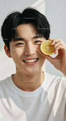 Young Man Smiling Holding Lemon Slice in Bright Summer Portrait