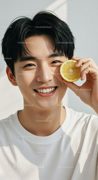 Young Man Smiling Holding Lemon Slice in Bright Summer Portrait