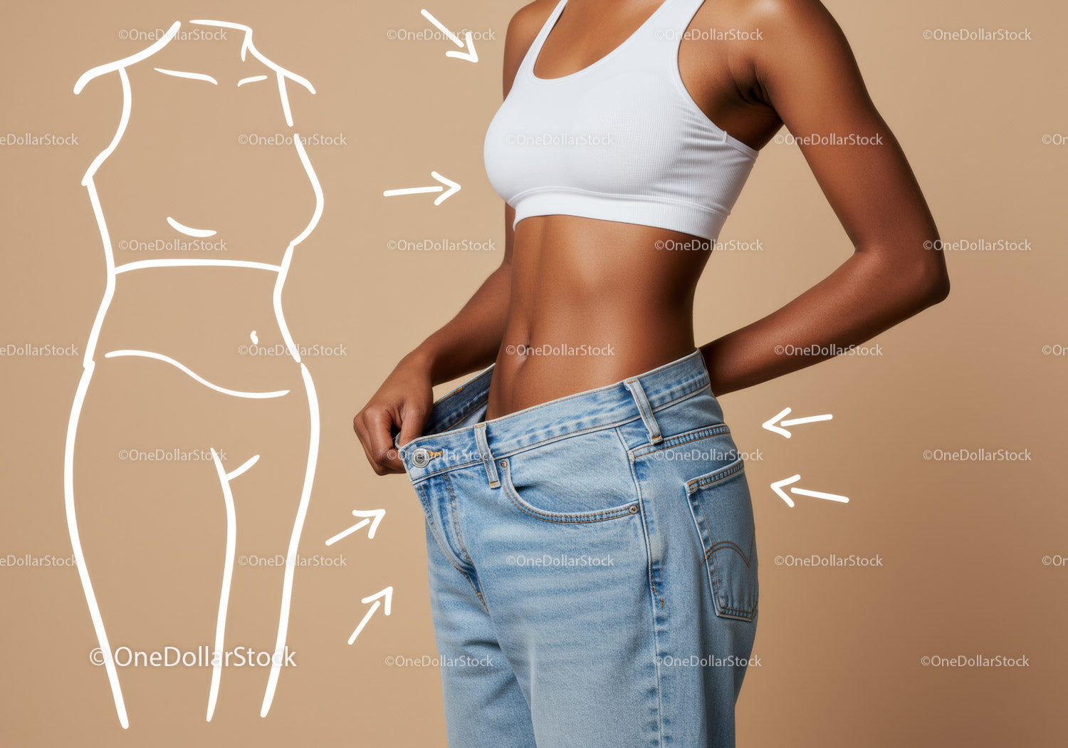 Fit Woman Adjusting Jeans Showing Slim Waist and Curves