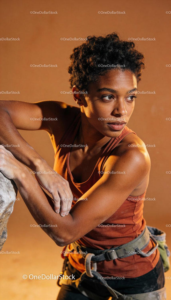 Focused woman preparing for rock climbing challenge