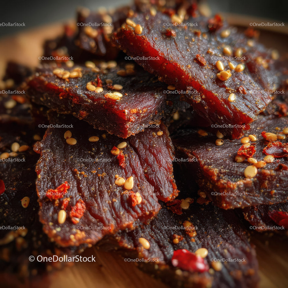 Close-up of Spicy Dried Beef Jerky with Rich Texture and Flavor