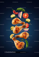 Grilled chicken drumsticks with fresh vegetables floating