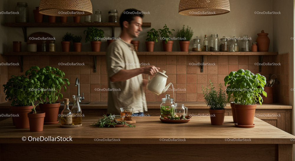 Man Watering Fresh Basil and Herbs in a Cozy Kitchen