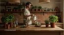 Man Watering Fresh Basil and Herbs in a Cozy Kitchen