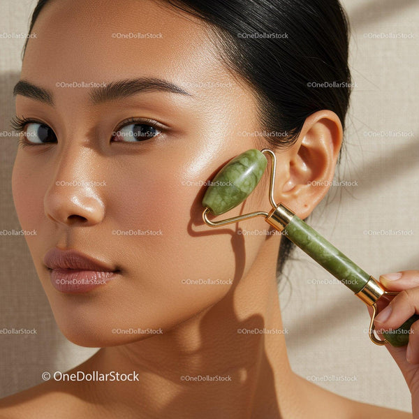 Asian Woman Using Jade Roller for Facial Skincare and Beauty