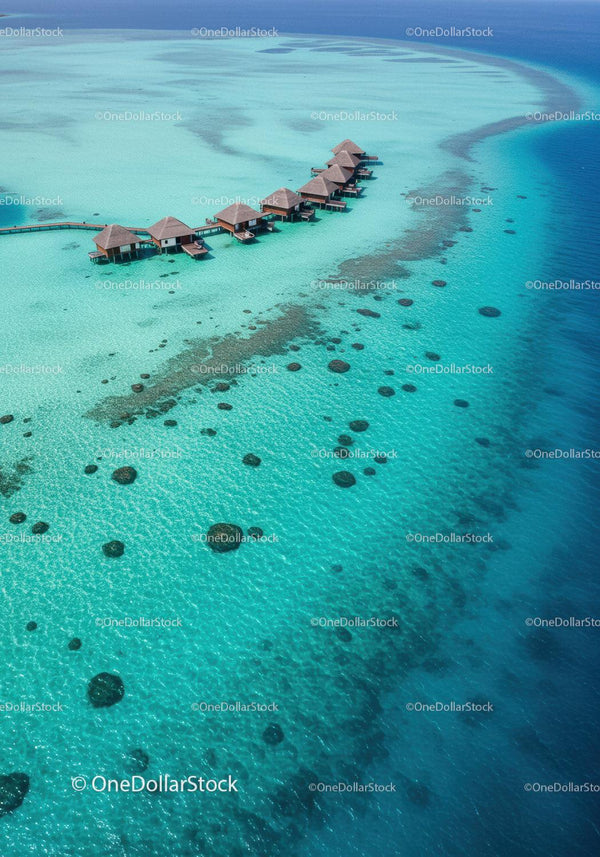 Tropical Overwater Bungalows Over Clear Turquoise Ocean Waters
