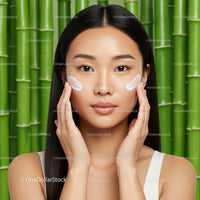 Young Woman Applying Facial Cream on Cheeks with Green Bamboo Background