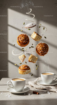 Floating cinnamon rolls and steaming coffee cups