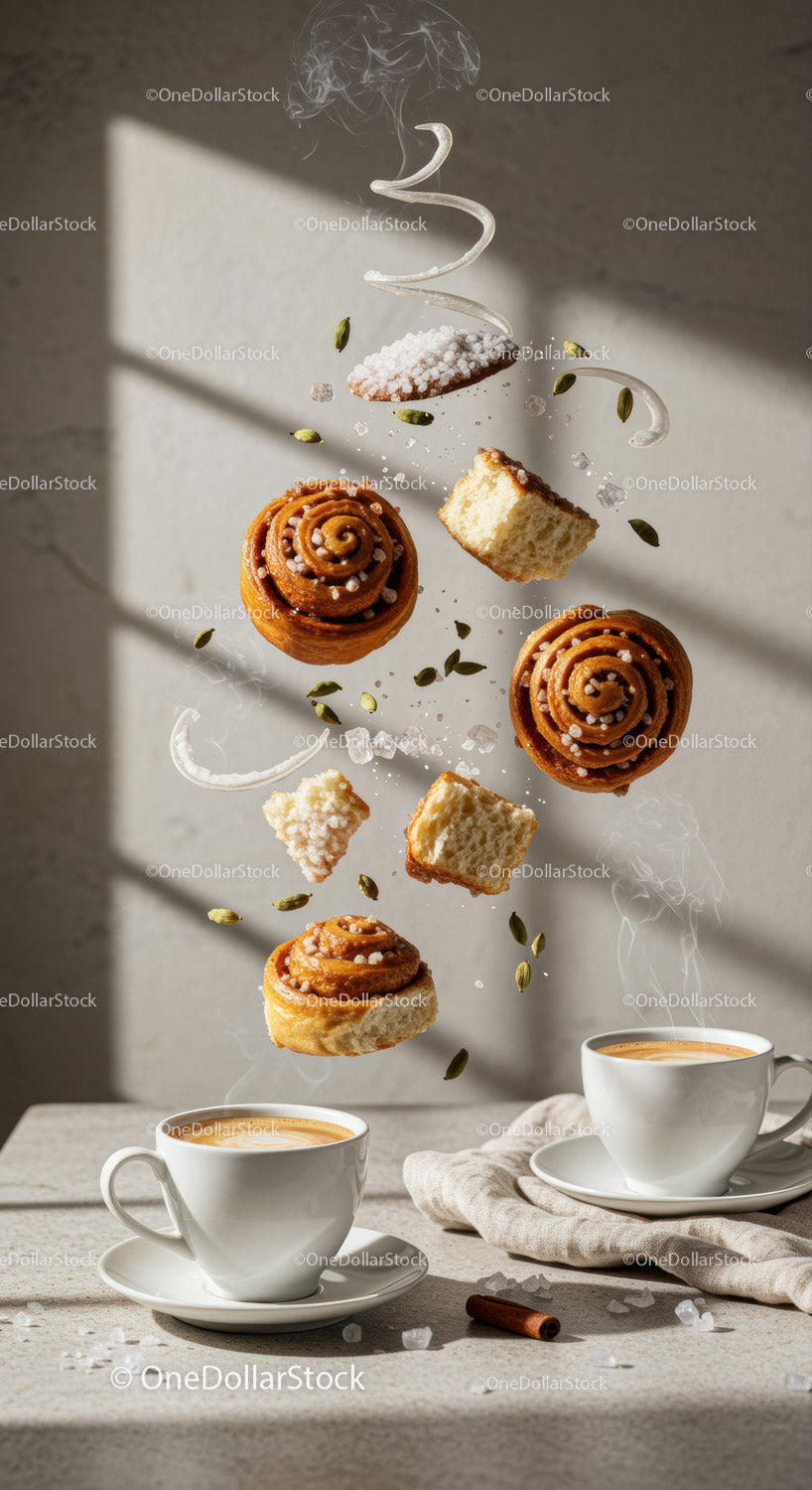 Floating cinnamon rolls and steaming coffee cups
