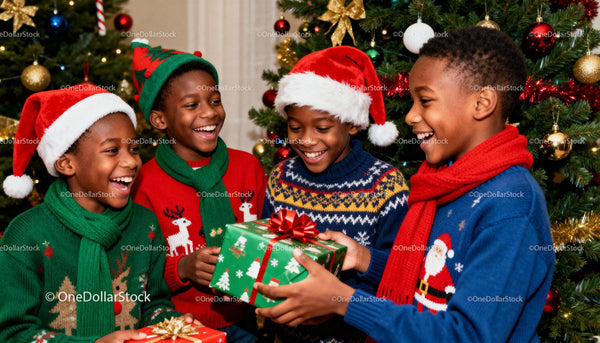 Joyful children exchanging Christmas gifts by tree