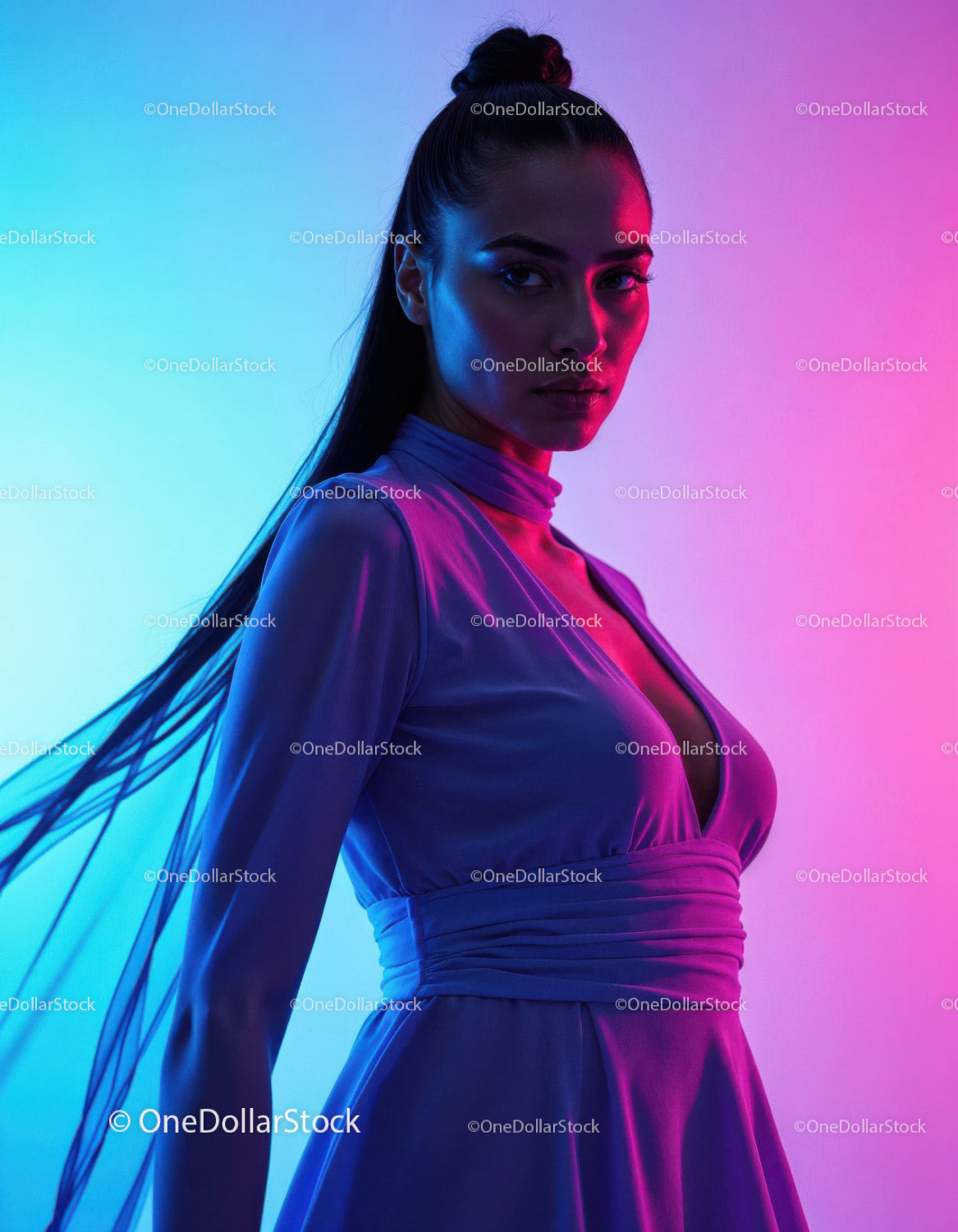 Futuristic Woman in Neon Light with Stylish Dress in Studio