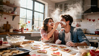 Couple Playfully Baking Heart-Shaped Cookies Together