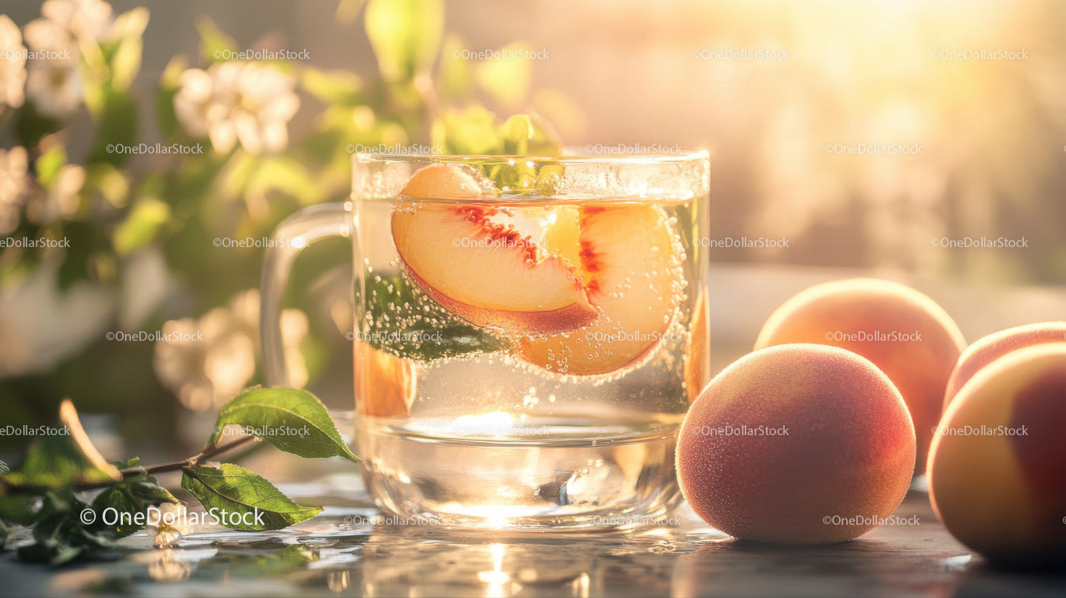 Fresh Peach Slices in Glass with Juicy Peaches and Natural Sunlight