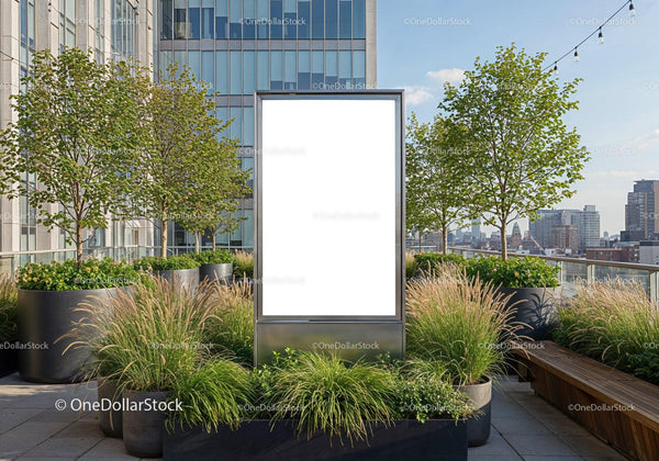 Blank Urban Billboard Surrounded by Greenery on Rooftop JPG Mockup Image
