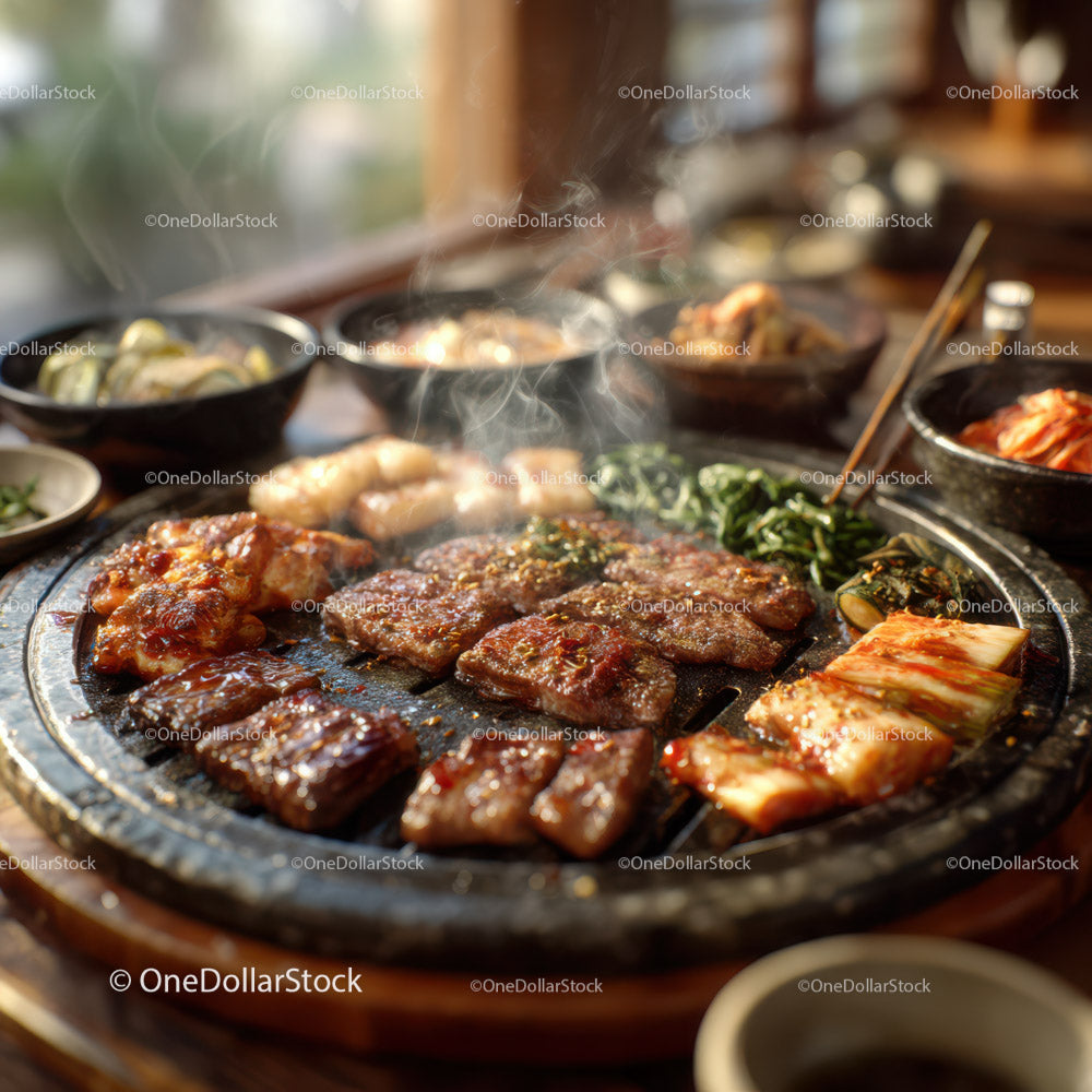 Korean Barbecue Platter with Grilled Meat and Side Dishes