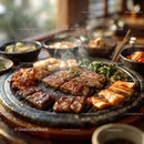 Korean Barbecue Platter with Grilled Meat and Side Dishes