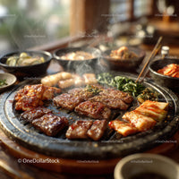 Korean Barbecue Platter with Grilled Meat and Side Dishes